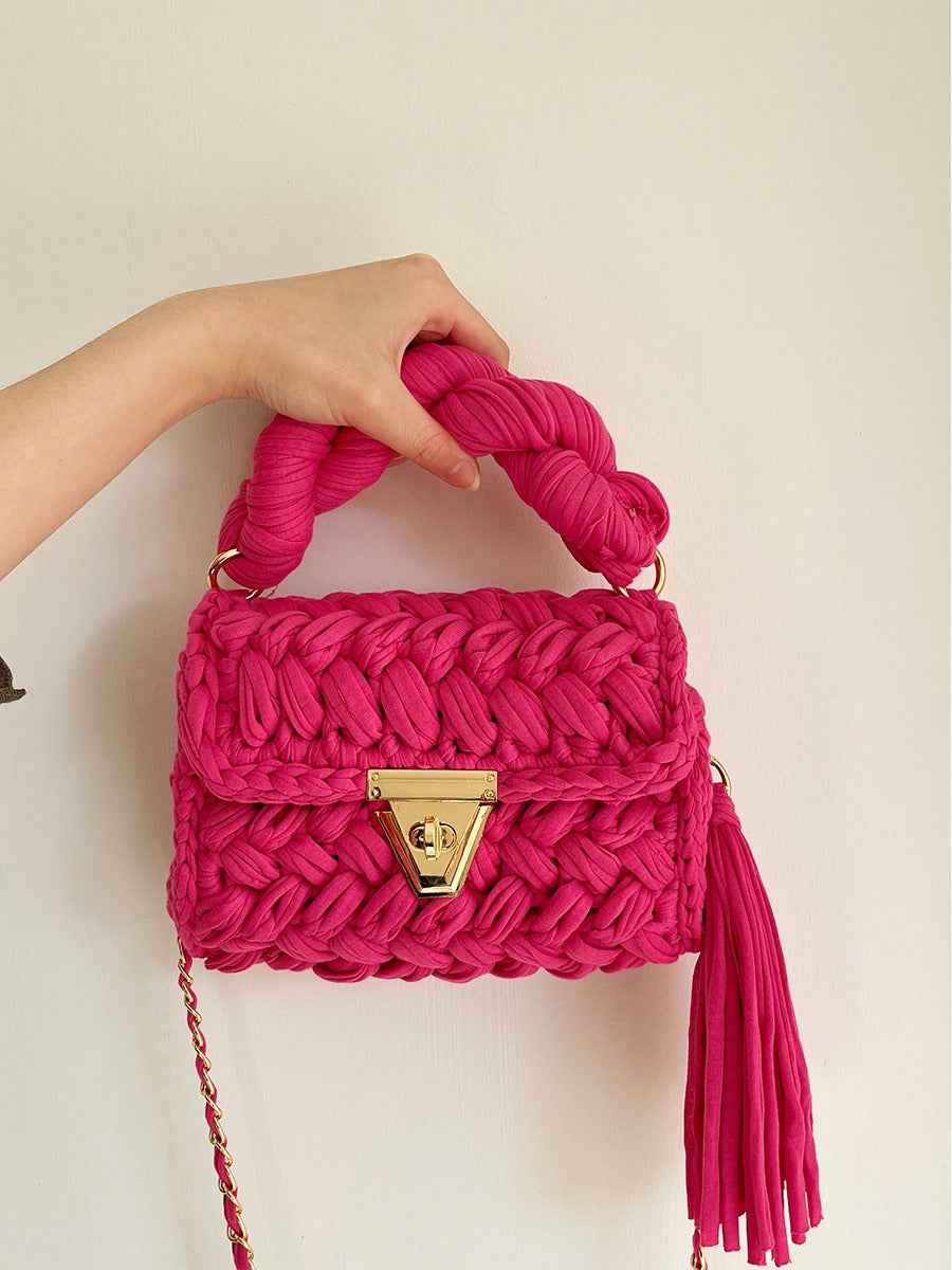 Women Crochet Shoulder Bag - Hand Woven Crochet Tassel Bag with Fried Dough Twists
