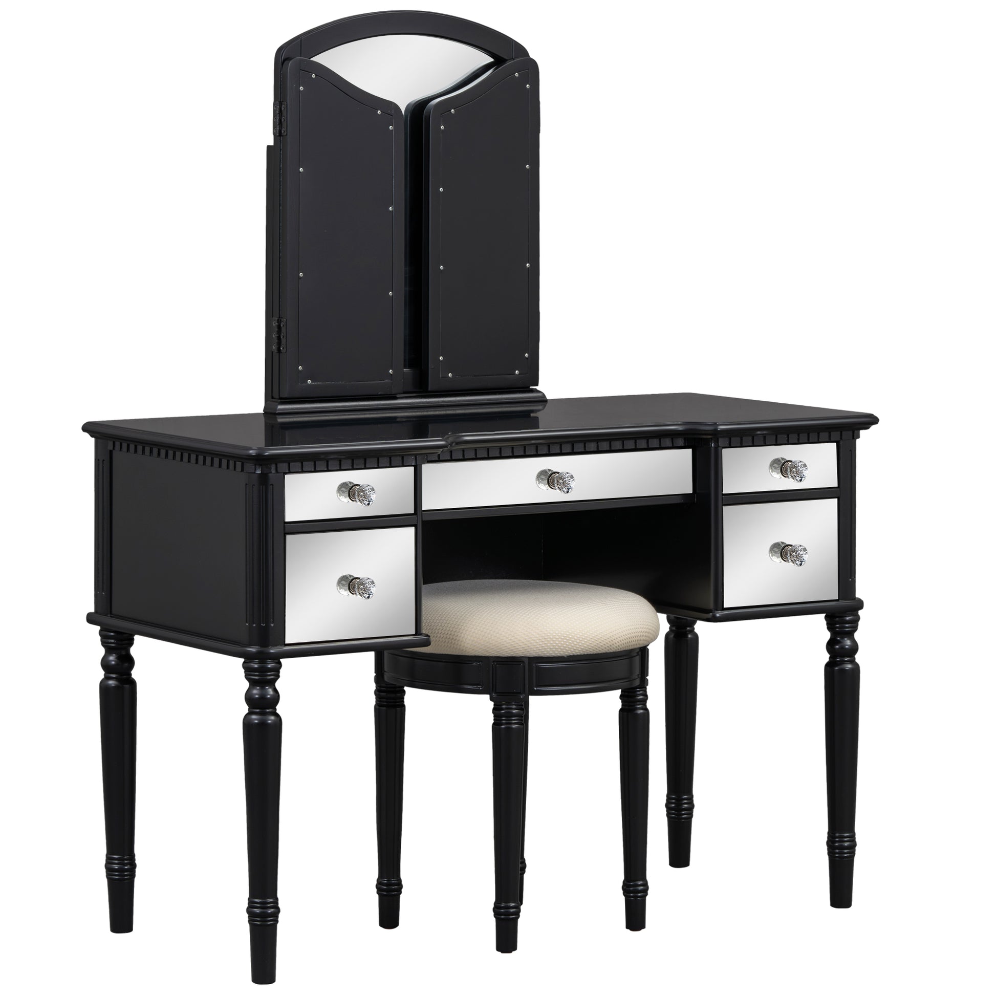 GO 43" Dressing Table Set with Mirrored Drawers and Stool, Tri-fold Mirror, Makeup Vanity Set for Bedroom, Black eprolo