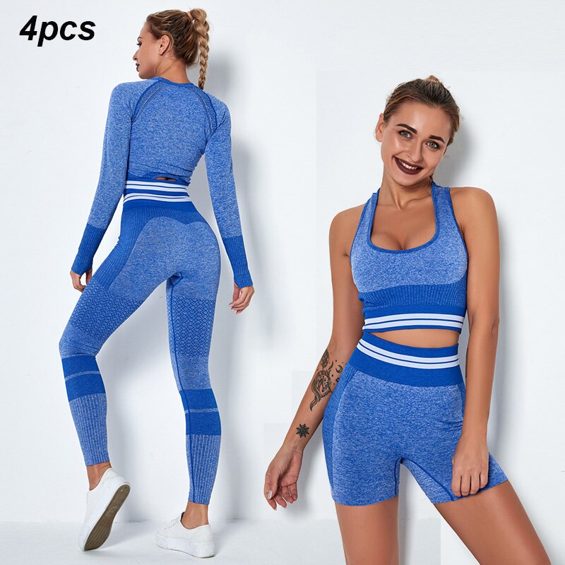 4Pcs Women Vital Seamless Yoga Set Sports Bra+Crop Top Shirts+Shorts+High Waist Leggings Gym Clothing Sports Wear For Women Shello Creative Boutique