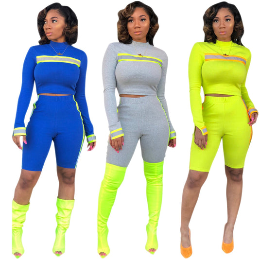 Side Stripe Reflective Set Sexy Two Piece Set Tracksuit Women Crop Top and Biker Shorts Club Outfits Neon Matching Sets eprolo