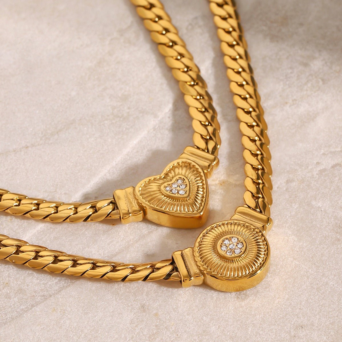 18K Gold Heart & Round Diamond Necklace - Statement Chain - Shello's Creative Boutique