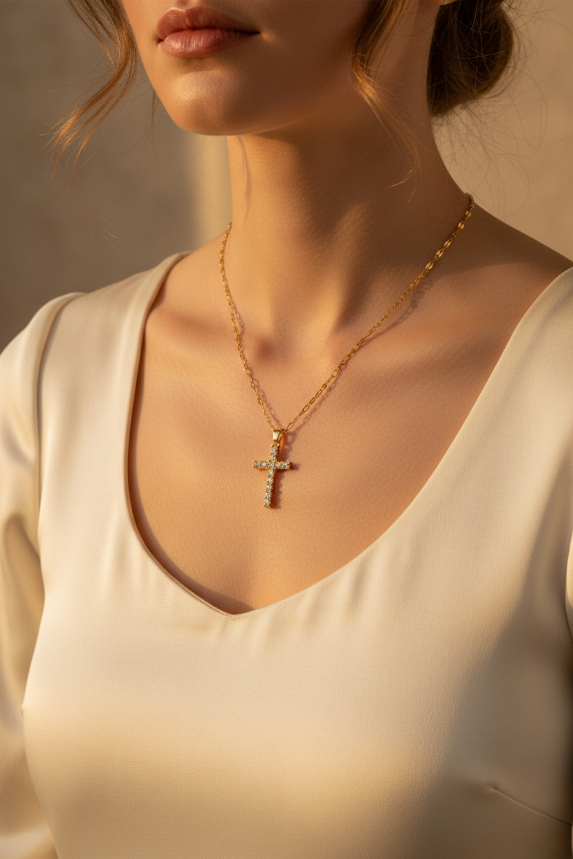 18K Gold-Plated Cross Crystal Necklace Lifestyle