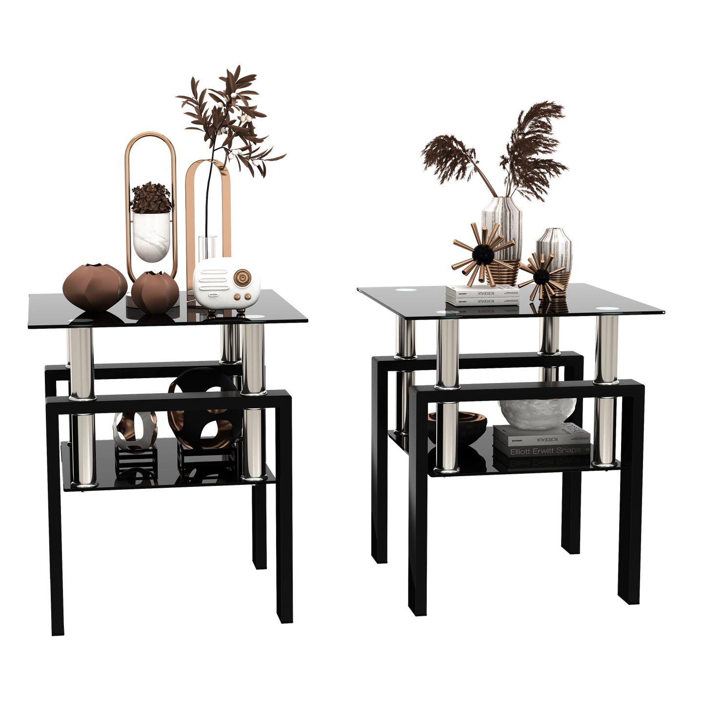 Set of 2, Modern Tempered Glass Tea Table Coffee Table End Table, Square Table for Living Room, Black eprolo