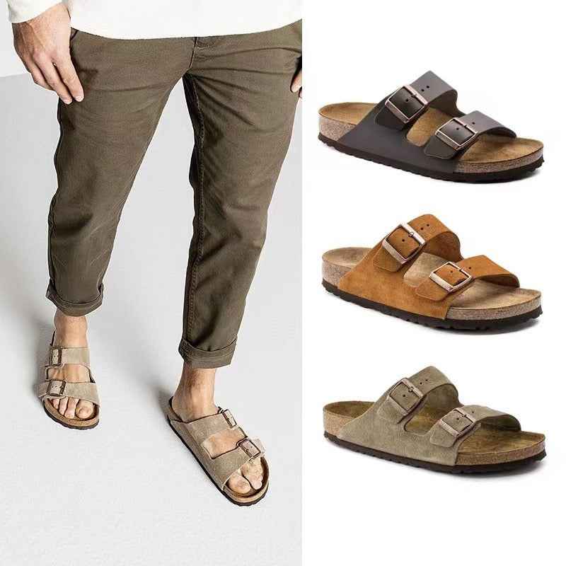 Unisex Wooden Sole Slippers with Frosted Leather Double Breasted Buttons