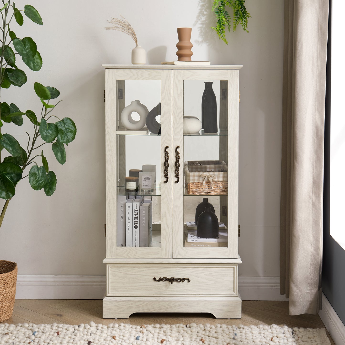 Light colored glass cabinet Curio display cabinet with adjustable glass frame, 2 doors and 1 drawer, including white light bulbs eprolo