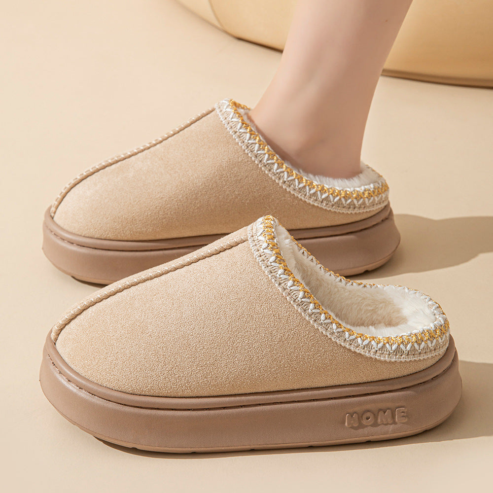 New solid color imitation suede stitching home slippers thick bottom non-slip lightweight warm cotton slippers for women eprolo