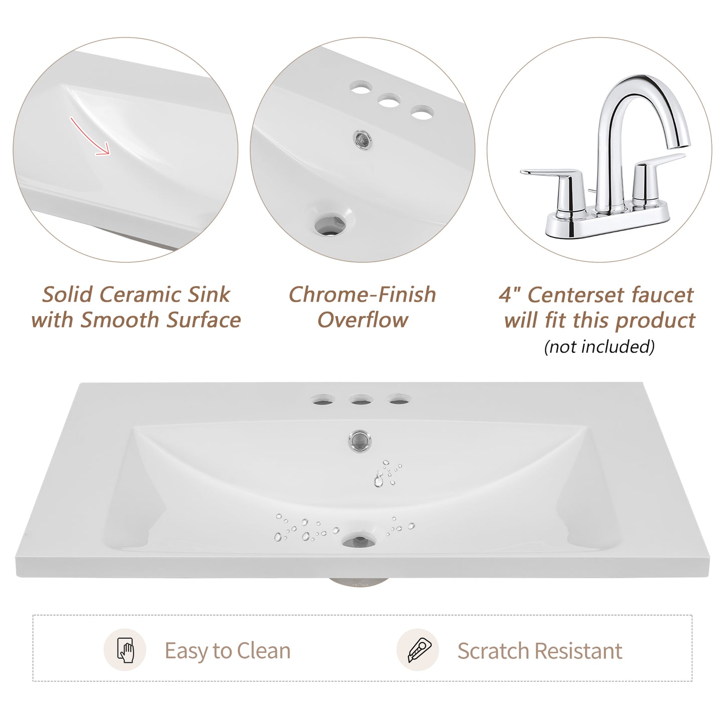 30" Single Bathroom Vanity Top with White Basin, 3-Faucet Holes, Ceramic, White eprolo