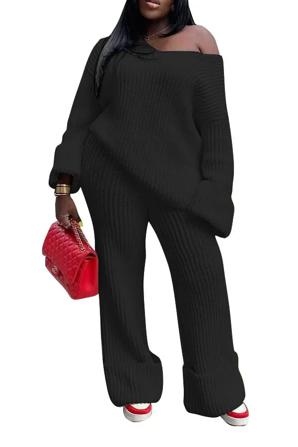 European and American women's casual solid color loose knit suit - Shello's Creative Boutique