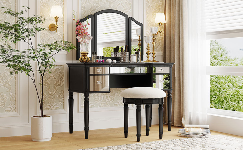 GO 43" Dressing Table Set with Mirrored Drawers and Stool, Tri-fold Mirror, Makeup Vanity Set for Bedroom, Black eprolo