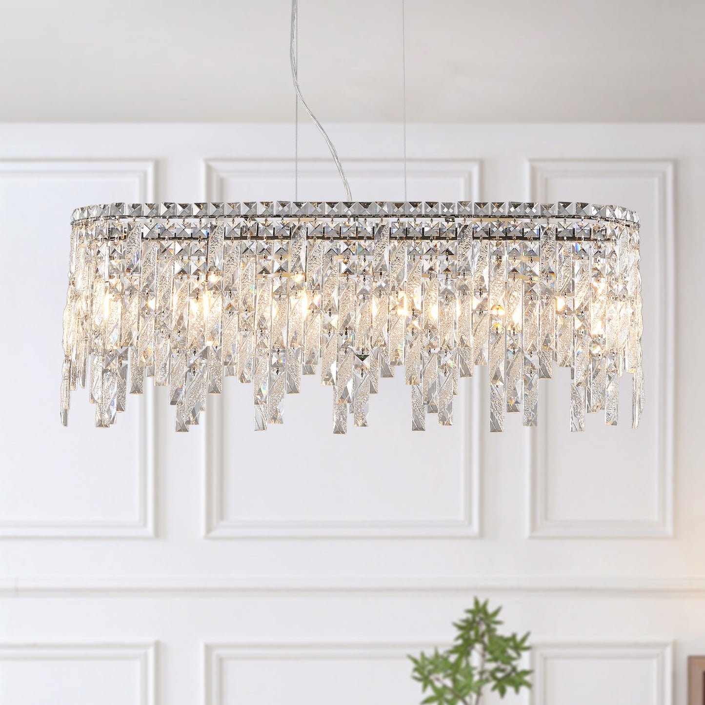 Silver elegant oval crystal pendant light, modern ceiling fixture with reflective suspended crystal (bulb not included) eprolo