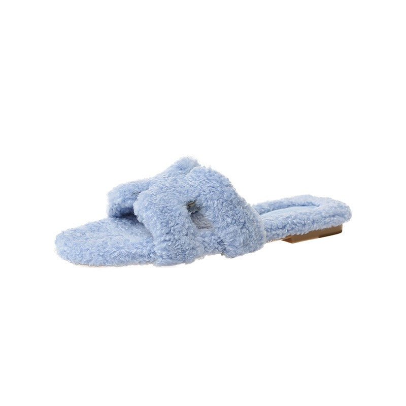 Wearing 7 colours lamb fur slippers for external wear women's H-shaped suede one line drag
