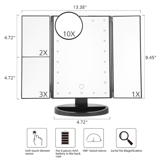 LED Touch Screen 22 Light Makeup Mirror Table Desktop Makeup 1X/2X/3X/10X Magnifying Mirrors Vanity 3 Folding Adjustable Mirror eprolo