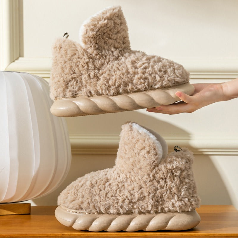 High top bag and cotton slippers with added velvet for warmth in winter for couples staying at home, indoor and outdoor, non slip soft soled plush cotton shoes eprolo