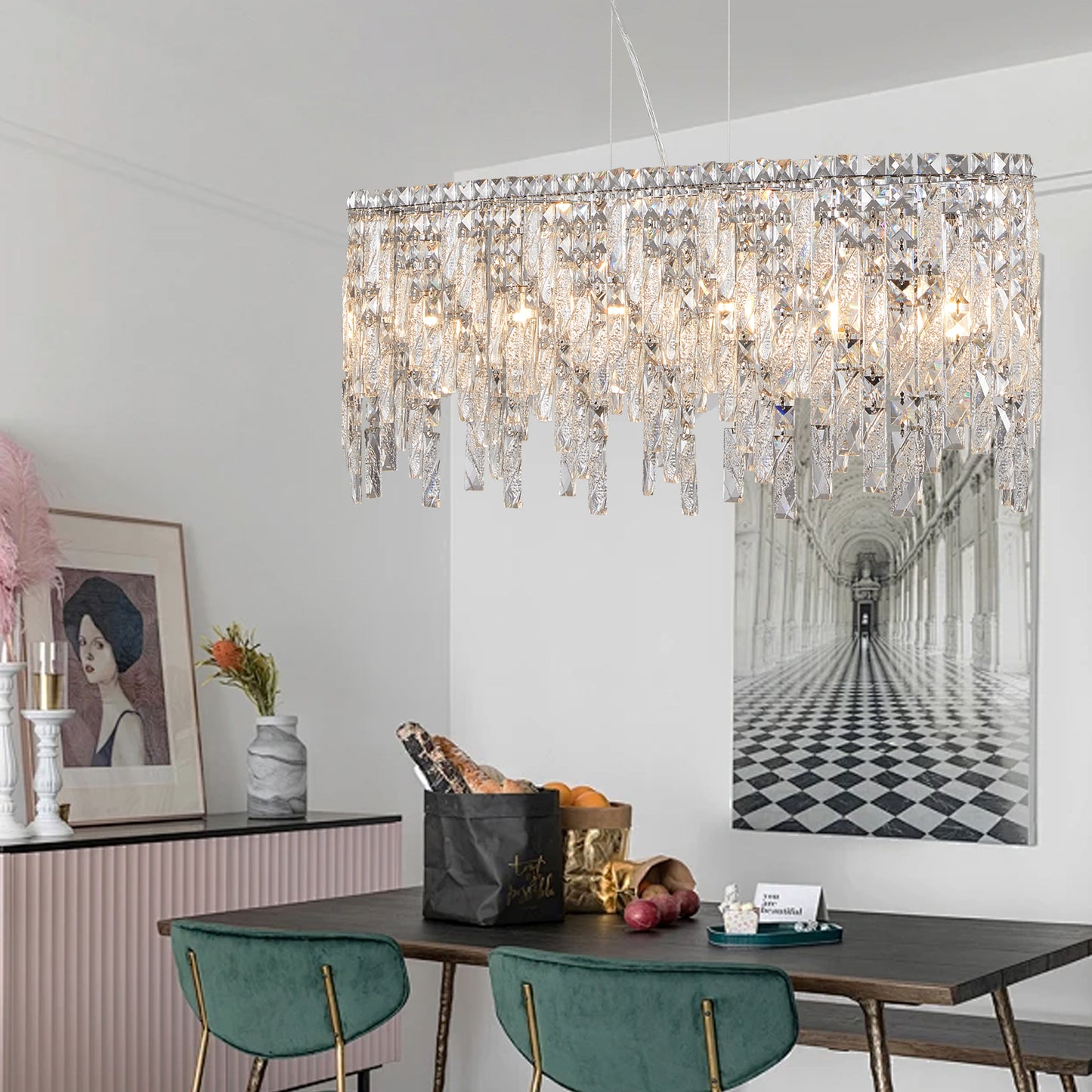 Silver elegant oval crystal pendant light, modern ceiling fixture with reflective suspended crystal (bulb not included) eprolo