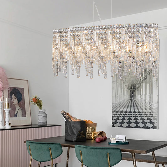 Silver elegant oval crystal pendant light, modern ceiling fixture with reflective suspended crystal (bulb not included) eprolo