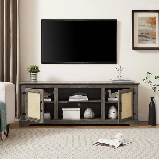 Vine TV stand console table, suitable for TVs under 70 inches, equipped with 2 storage shelves and 2 natural rattan doors, gray - Shello's Creative Boutique