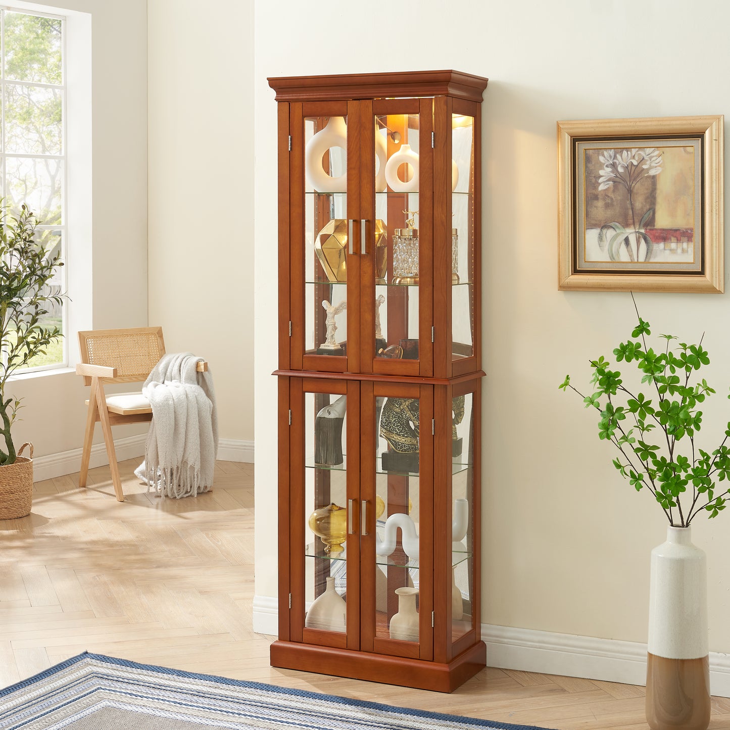 Lighting Curio Diapali cabinet with adjustable shelves, mirror back panel, tempered glass door (without light bulb), walnut wood eprolo