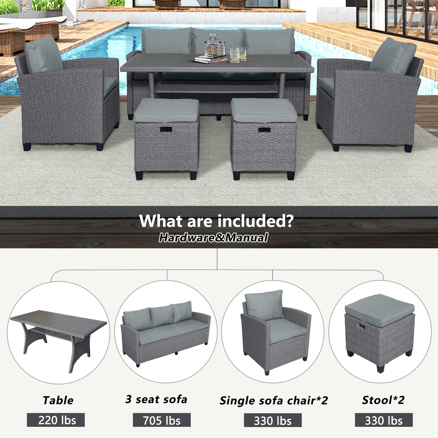 TOPMAX 6-piece outdoor rattan wicker set chair, stool, and table (gray rattan+gray mat) eprolo