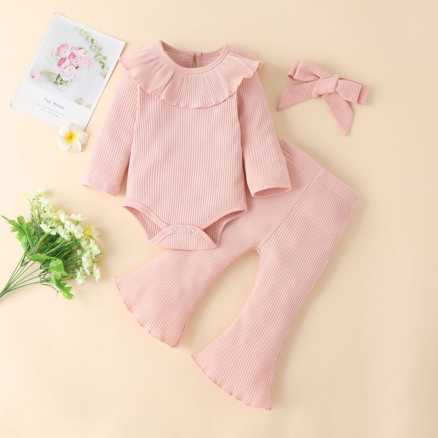 Autumn And Winter Infant Solid Color Pit Strip Cotton Long-Sleeved Ruffled Romper Flared Three-Piece Set eprolo