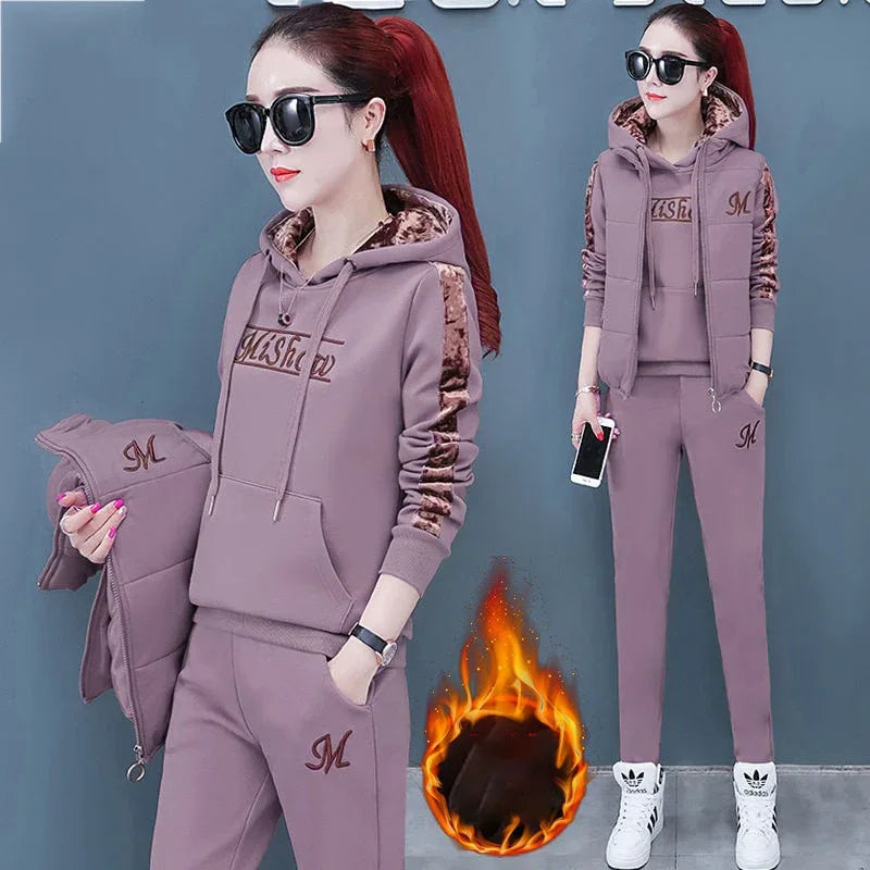 Women Suit Tracksuit Winter 3 Piece Set Hoodies+Vest+Pants Casual Suit Plus Velvet Warm Sporting Women's Suits Female Clothes - Shello's Creative Boutique