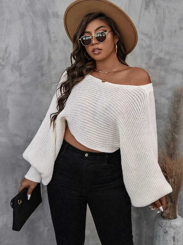 Autumn And Winter New Sexy Hollow Plus Size Women Round Neck Solid Color Knitted Top Loose Sweater - Shello's Creative Boutique