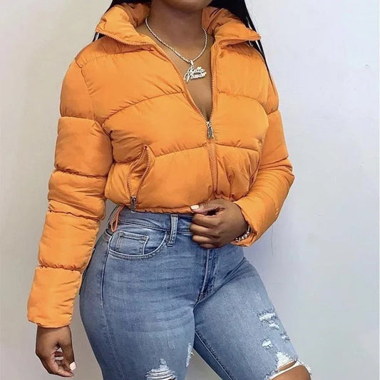 Long Sleeve Zip-Up Parkas Autumn Winter Women Warm Cropped Coats Patchwork Windbreak Outfits - Shello's Creative Boutique