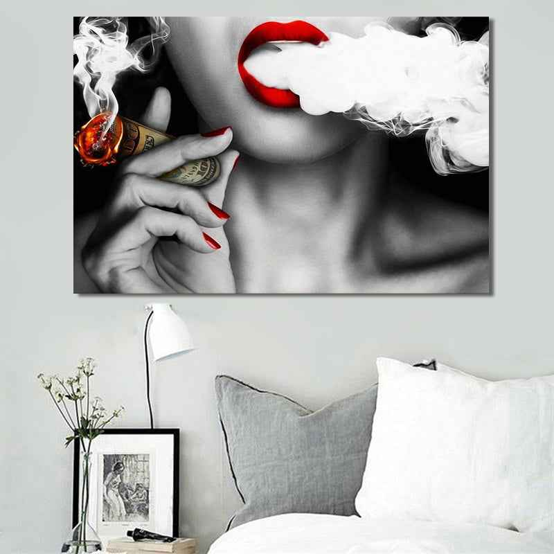 Abstract Portrait Wall Art - Modern Canvas Painting of Women with Smoke and Money for Creative Decor