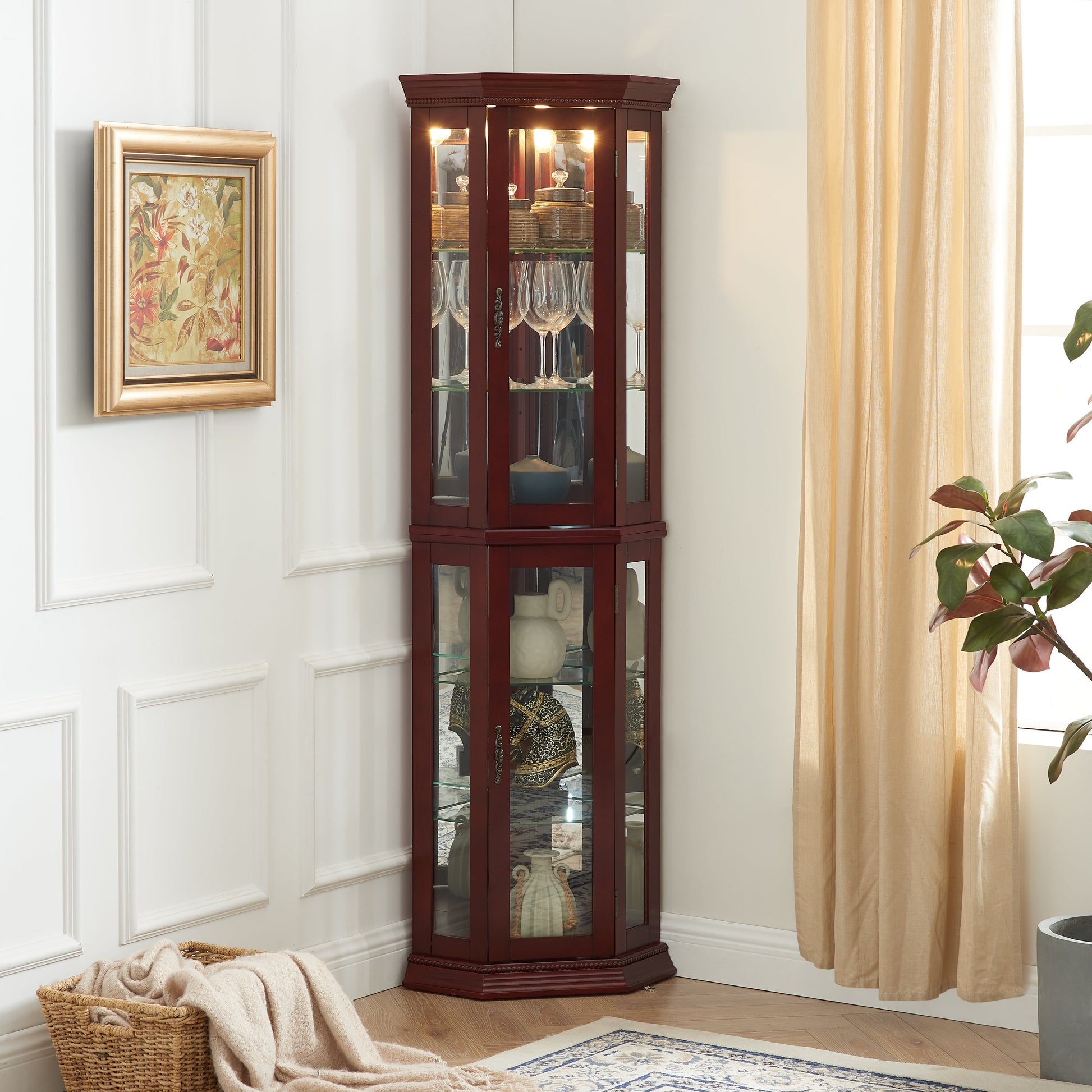 Corner Curio cabinet with lights, adjustable tempered glass frame, display cabinet, cherry color (excluding E26 light bulbs) eprolo