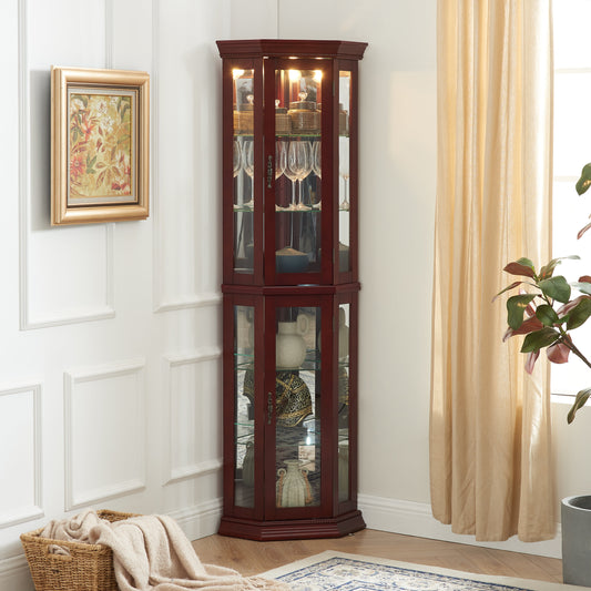 Corner Curio cabinet with lights, adjustable tempered glass frame, display cabinet, cherry color (excluding E26 light bulbs) eprolo