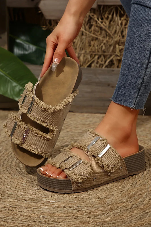Pale Khaki Retro Slippers - Double Buckle Frayed Detail Slides - Shello's Creative Boutique
