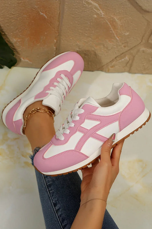 Pink Contrast Lace-Up Sneakers - Round Toe Casual Trainers - Shello's Creative Boutique