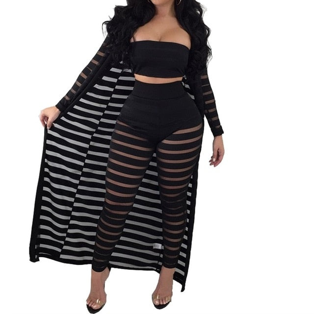 Big Size S-3xl Summer Tracksuit Hollow Out Stripe Overalls Sexy Women's Set Three Pieces Suits Jumpsuit Casual Nightclub Wear eprolo