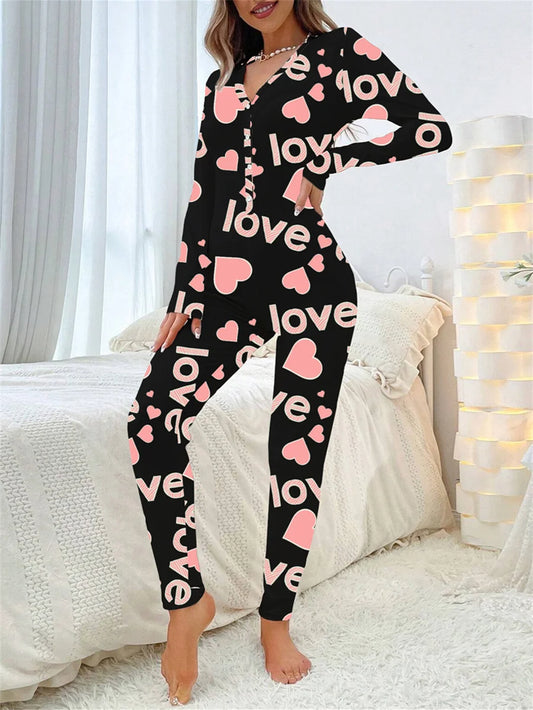 2024 Valentine's Day Sleepwear Jumpsuit Long Sleeve Butt Flap Romper Women V-neck Heart Letters Print 1 Piece Lounge Nightwear eprolo