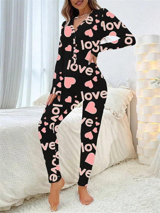2024 Valentine's Day Sleepwear Jumpsuit Long Sleeve Butt Flap Romper Women V-neck Heart Letters Print 1 Piece Lounge Nightwear - Shello's Creative Boutique