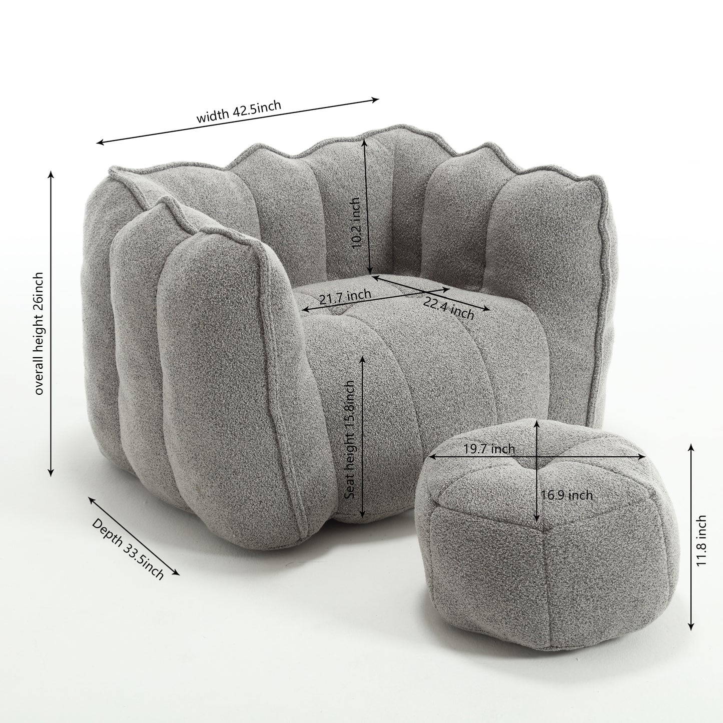 Soft Bean Bag Chair with High Resilient Foam(Chips)for living room and bedroom,Comfortable Square Lazy Sofa with Footstool eprolo