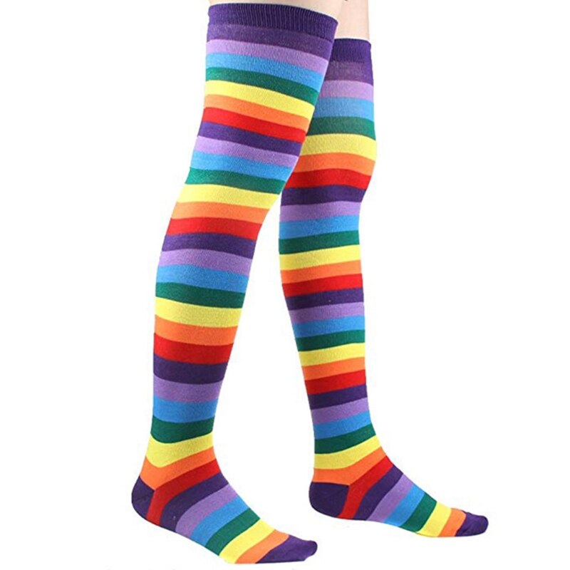 Women Rainbow Striped Thigh High Long Socks Arm Warmers Fingerless Gloves Set 649C eprolo