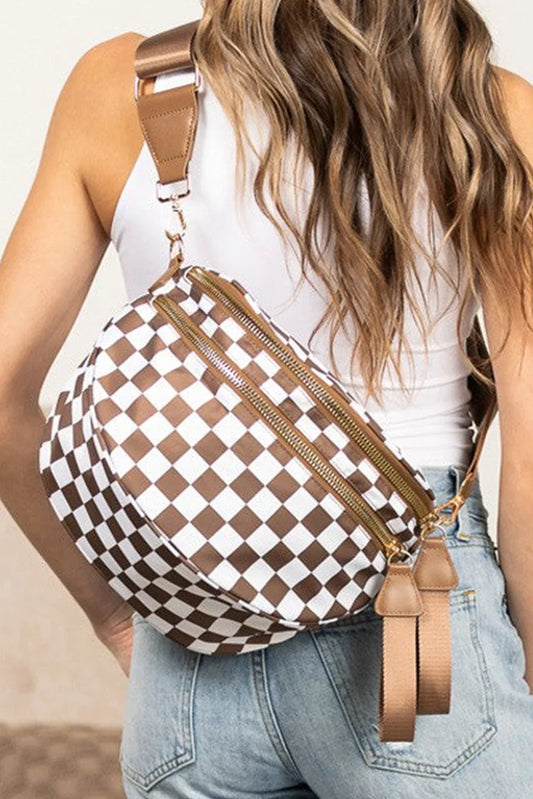Chestnut Checkered Print Wide Strap Large Crossbody Bag - Shello's Creative Boutique