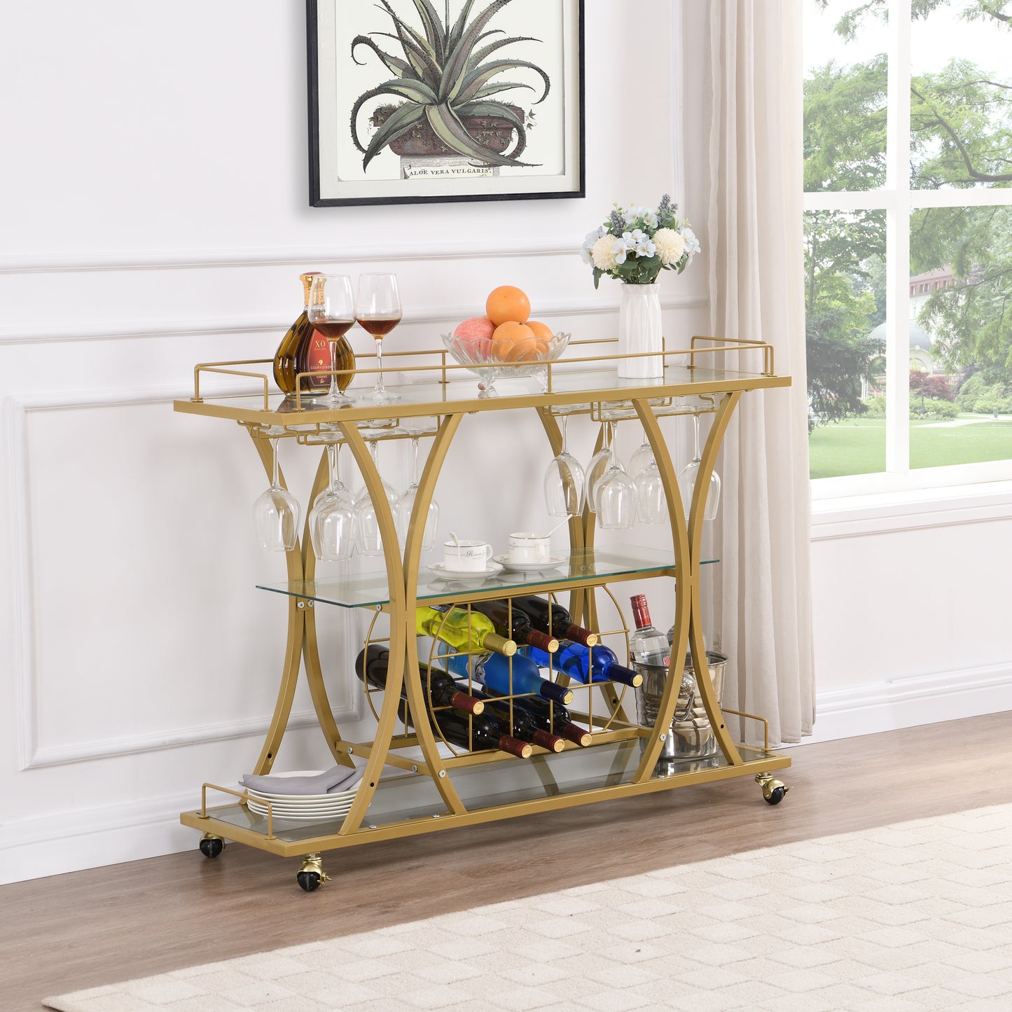 Golden Bar Cart with Wine Rack Tempered Glass Metal Frame Wine Storage eprolo