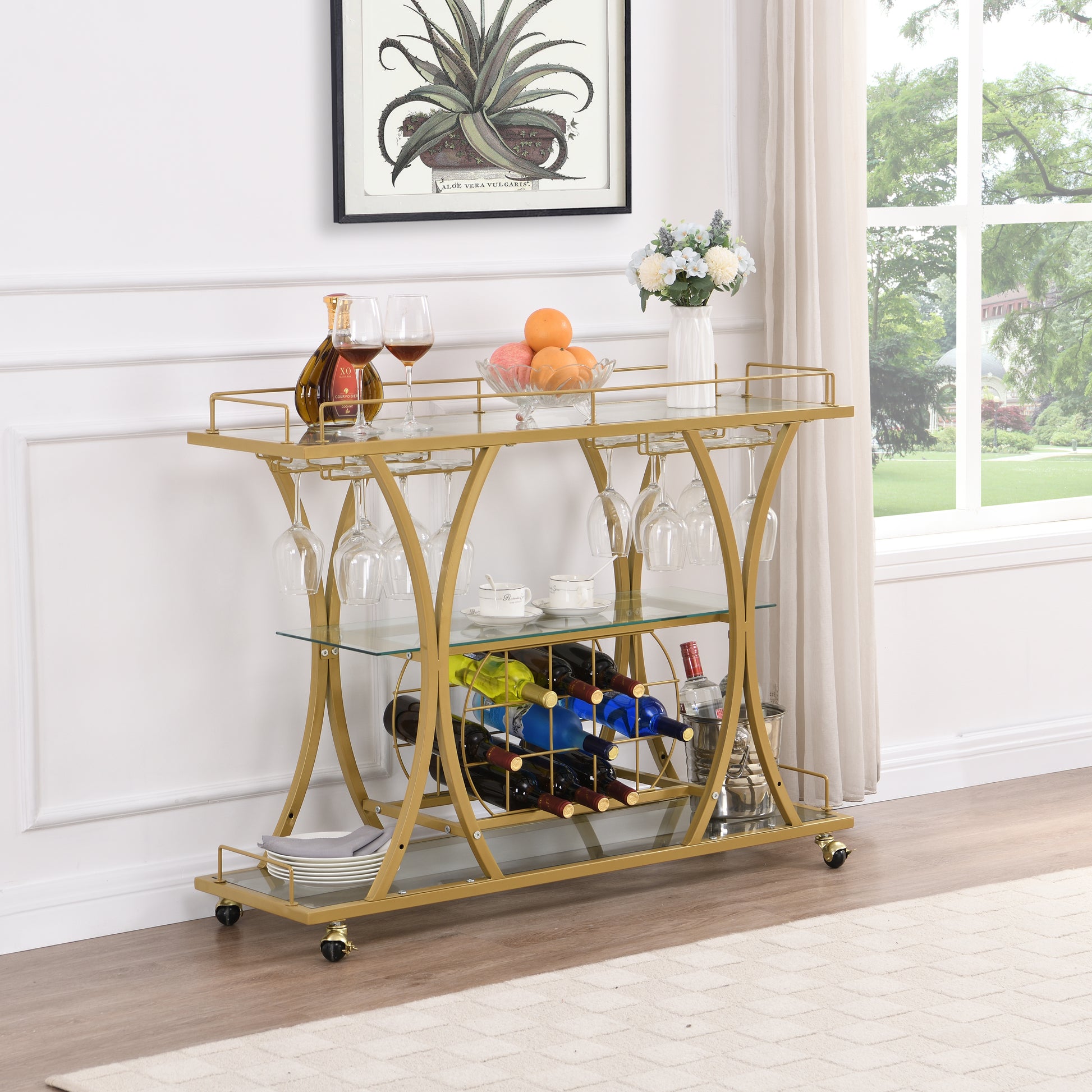 Golden Bar Cart with Wine Rack Tempered Glass Metal Frame Wine Storage eprolo