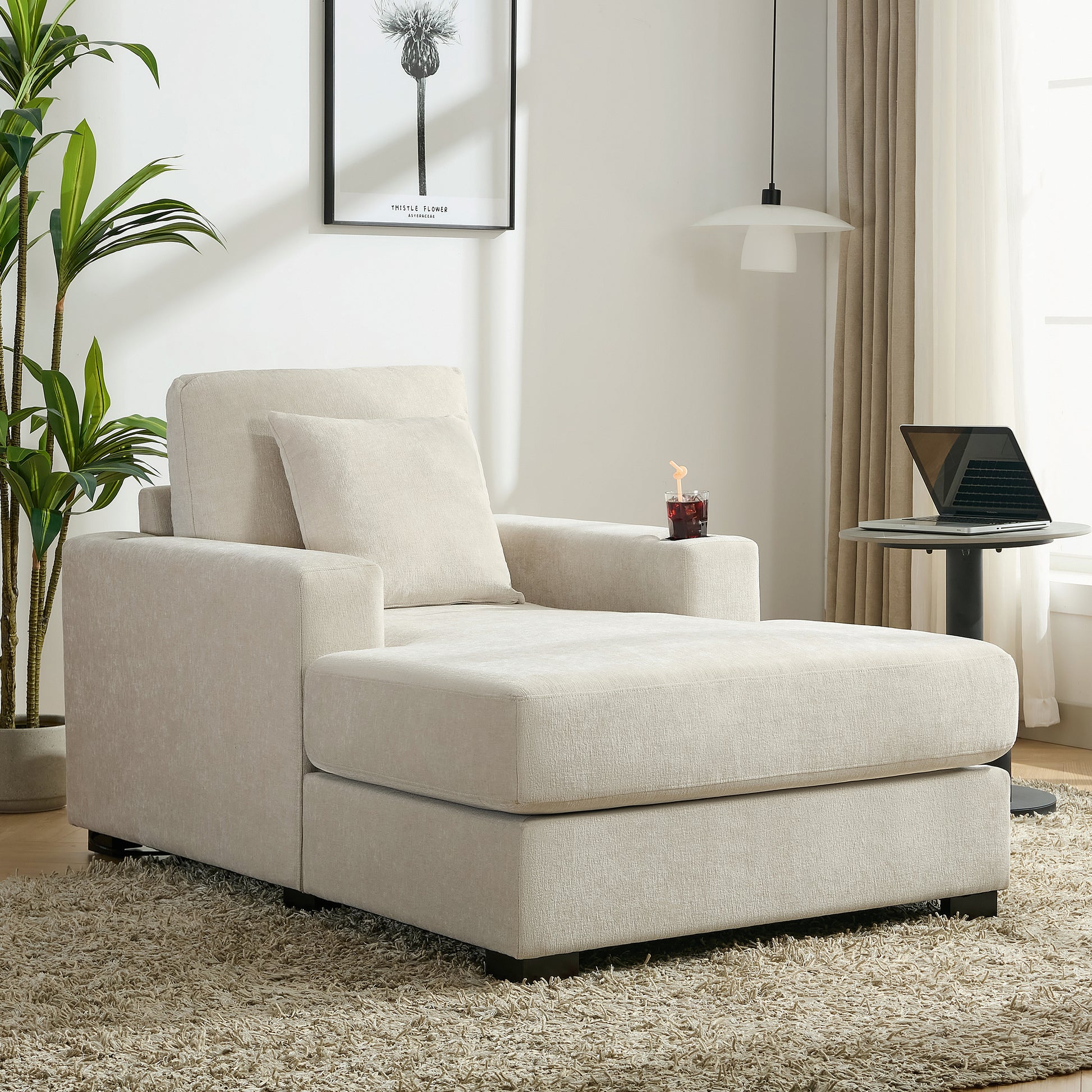 39.7" Oversized Chaise Lounger Modern Style Sofa Couch ,with Pillows, Charge Station & Cup Holders, Chenille Fabric, Cream Shello Creative Boutique