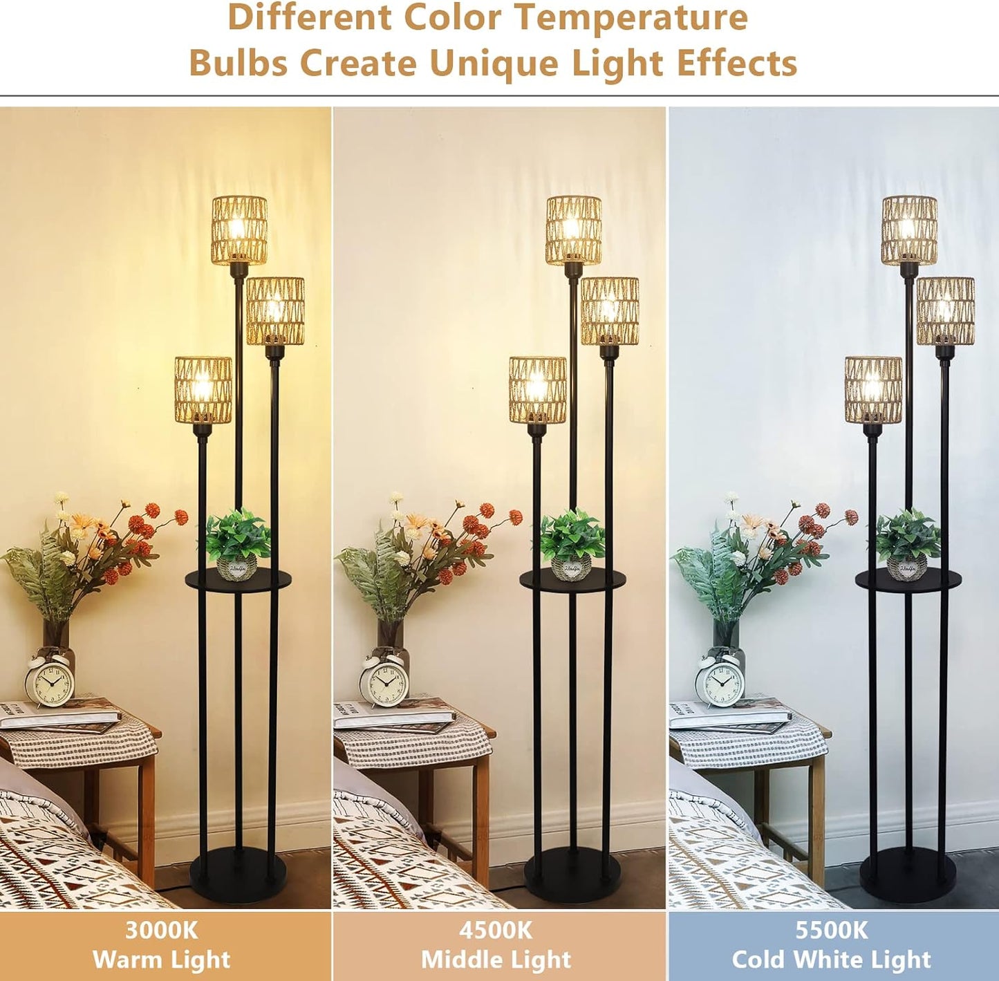 Boho Floor Lamp with Shelves 3-Lights Farmhouse Tall Floor Lamp with ON/OFF Foot Switch Rustic Standing Lamp with Rattan Shades eprolo