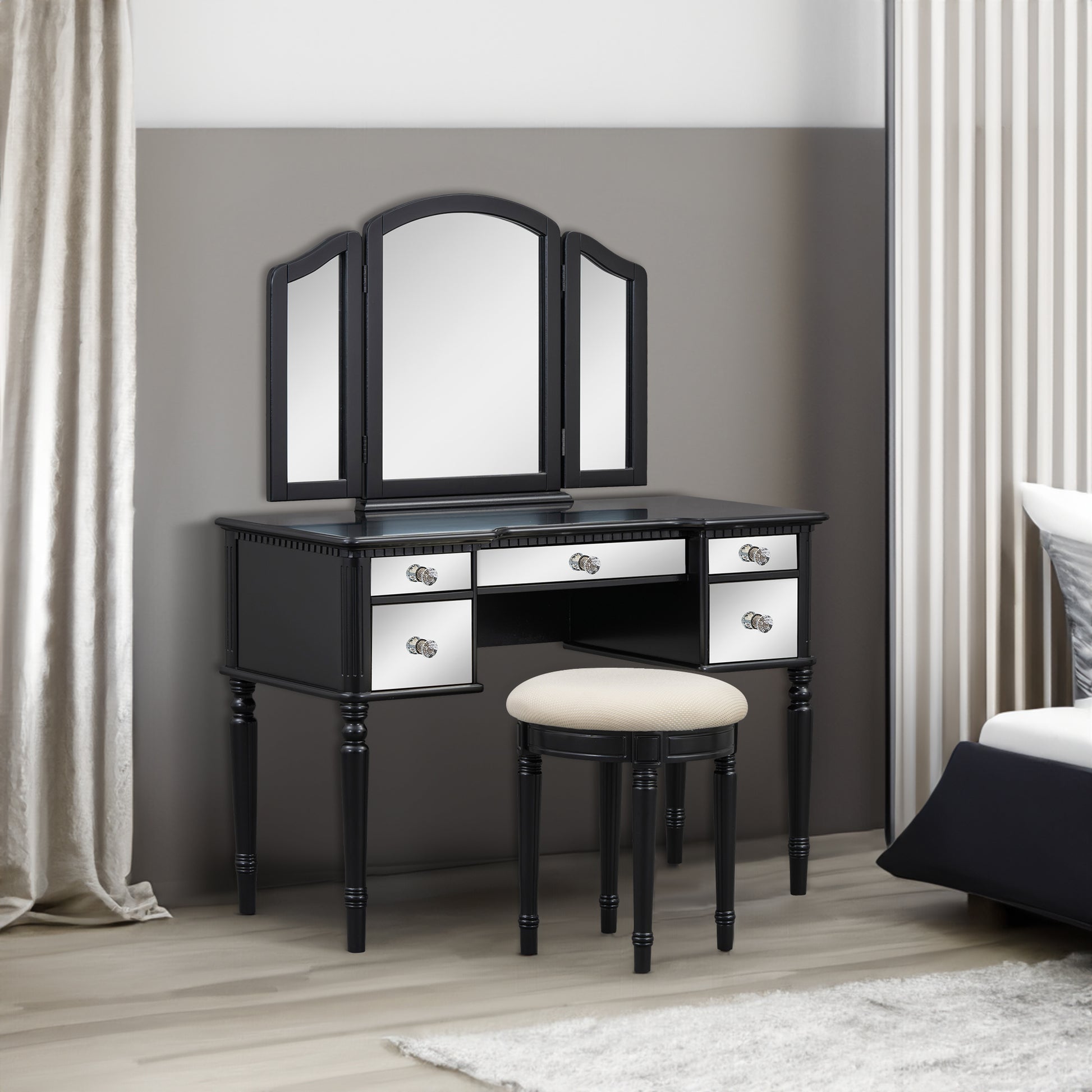 GO 43" Dressing Table Set with Mirrored Drawers and Stool, Tri-fold Mirror, Makeup Vanity Set for Bedroom, Black eprolo
