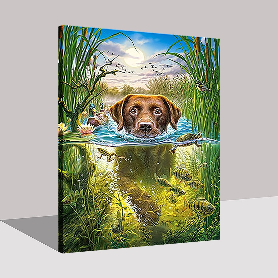 Oil Painting By Numbers DIY Hand Painted Swimming Dog Canvas Wall Art Coloring Animals Fish Pictures Drawing Home Decor Gifts