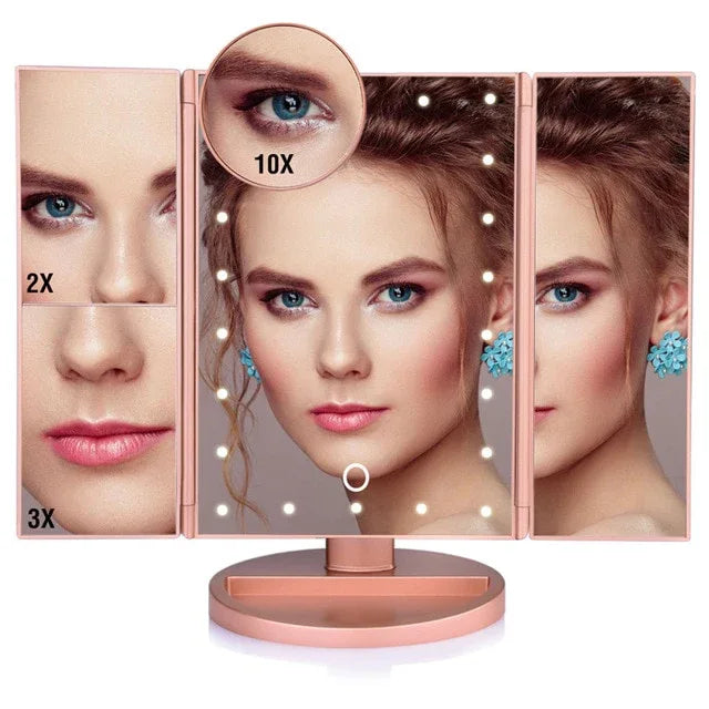 LED Touch Screen 22 Light Makeup Mirror Table Desktop Makeup Vanity 3 Folding Adjustable Mirror - Shello's Creative Boutique