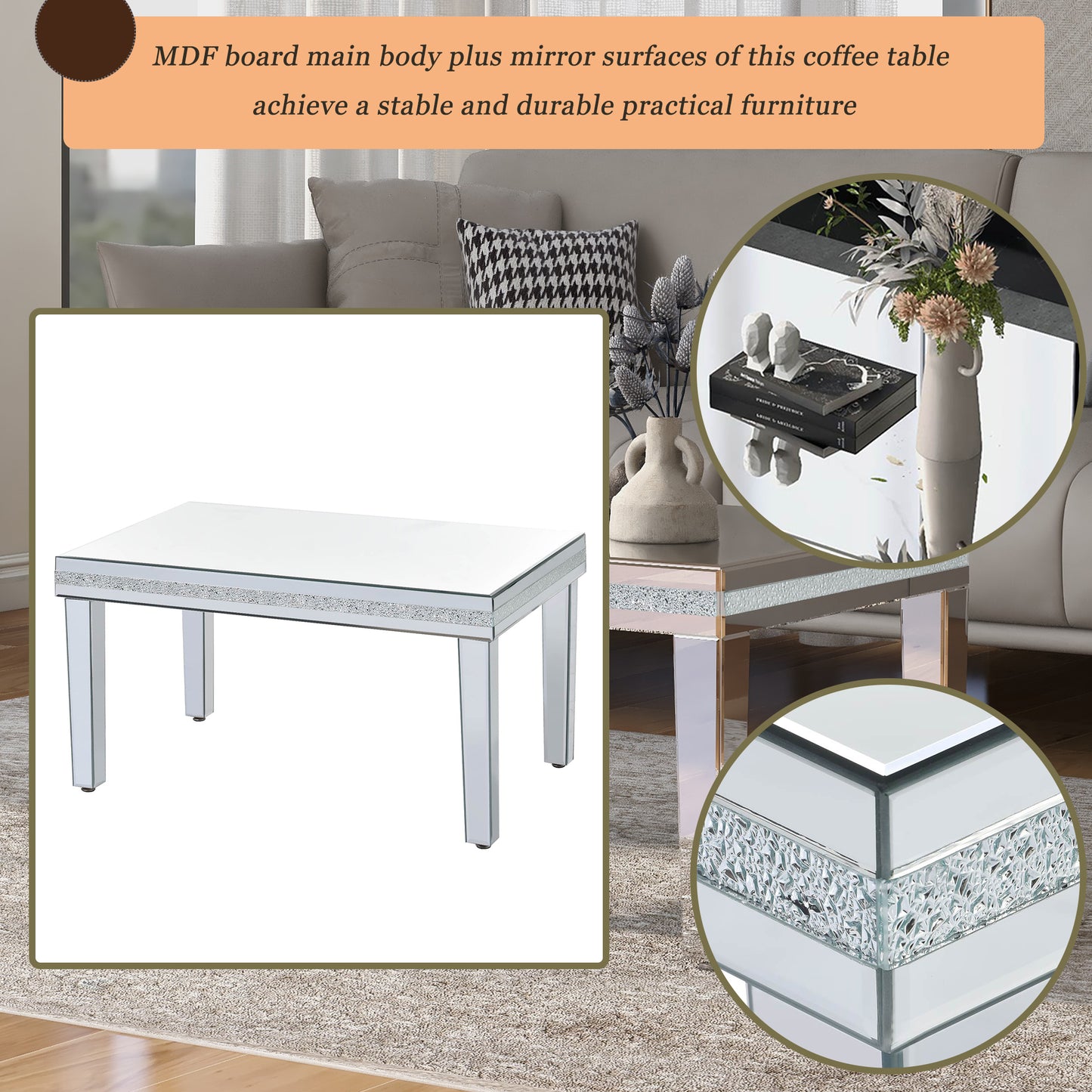 The ON-TRANS stylish modern glass mirrored coffee table features a crystal design and adjustable height legs in silver eprolo