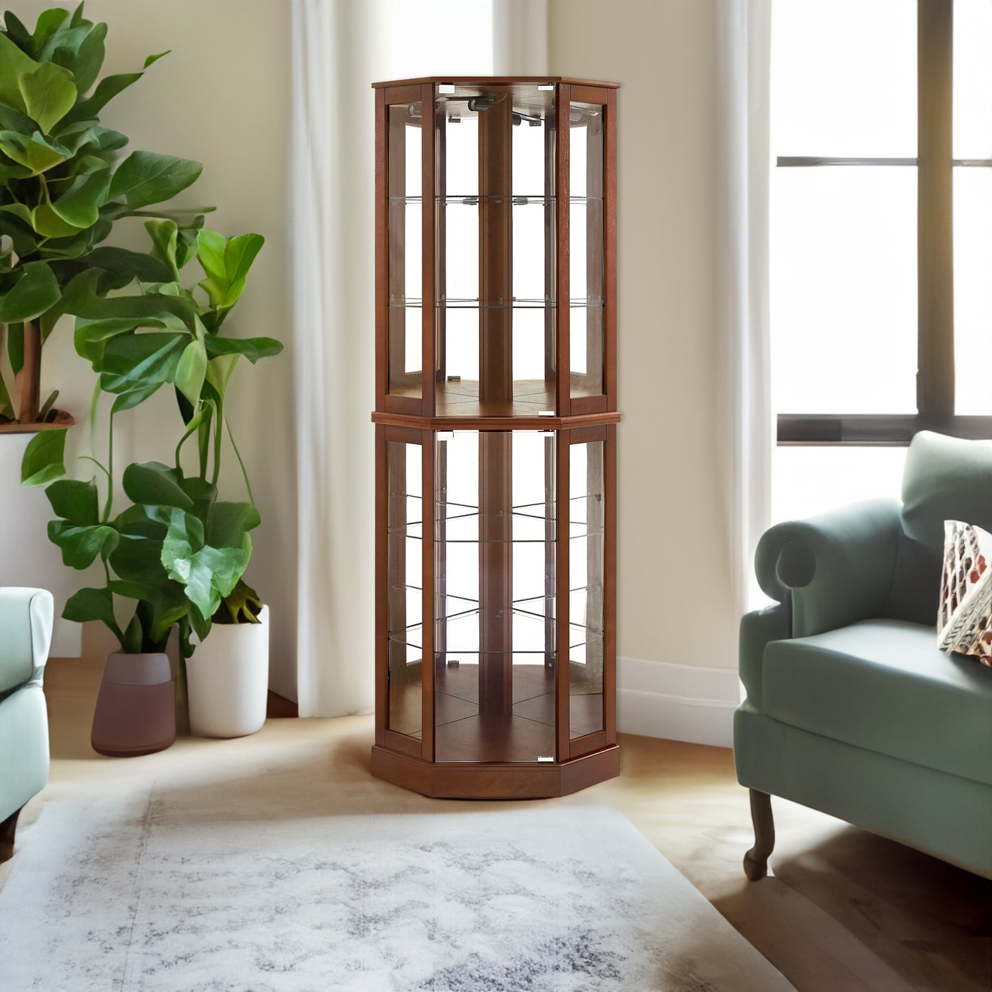 6 shelves corner Curio display cabinet with light mirror and adjustable shelves, walnut wood (excluding E26 light bulbs) eprolo