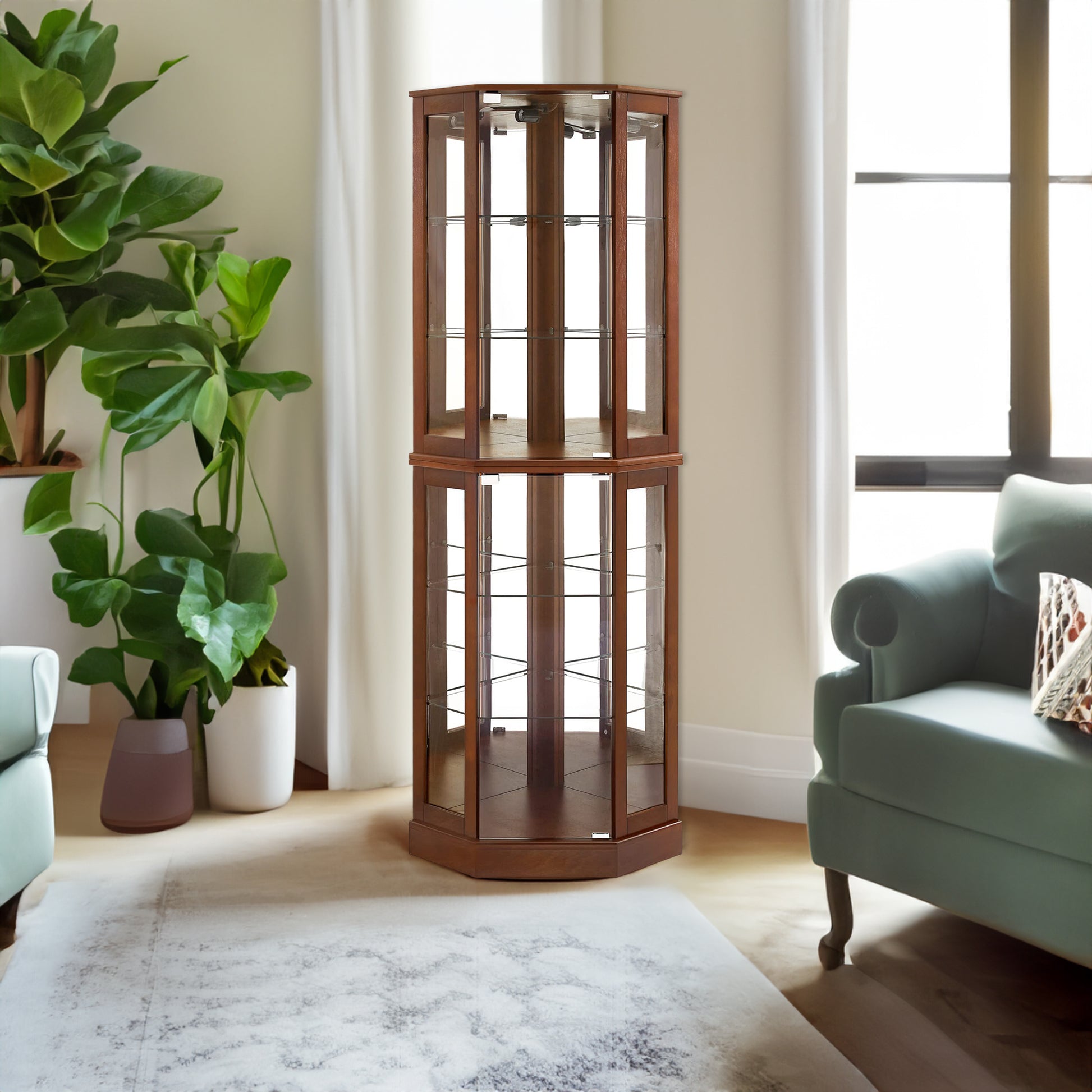 6 shelves corner Curio display cabinet with light mirror and adjustable shelves, walnut wood (excluding E26 light bulbs) eprolo