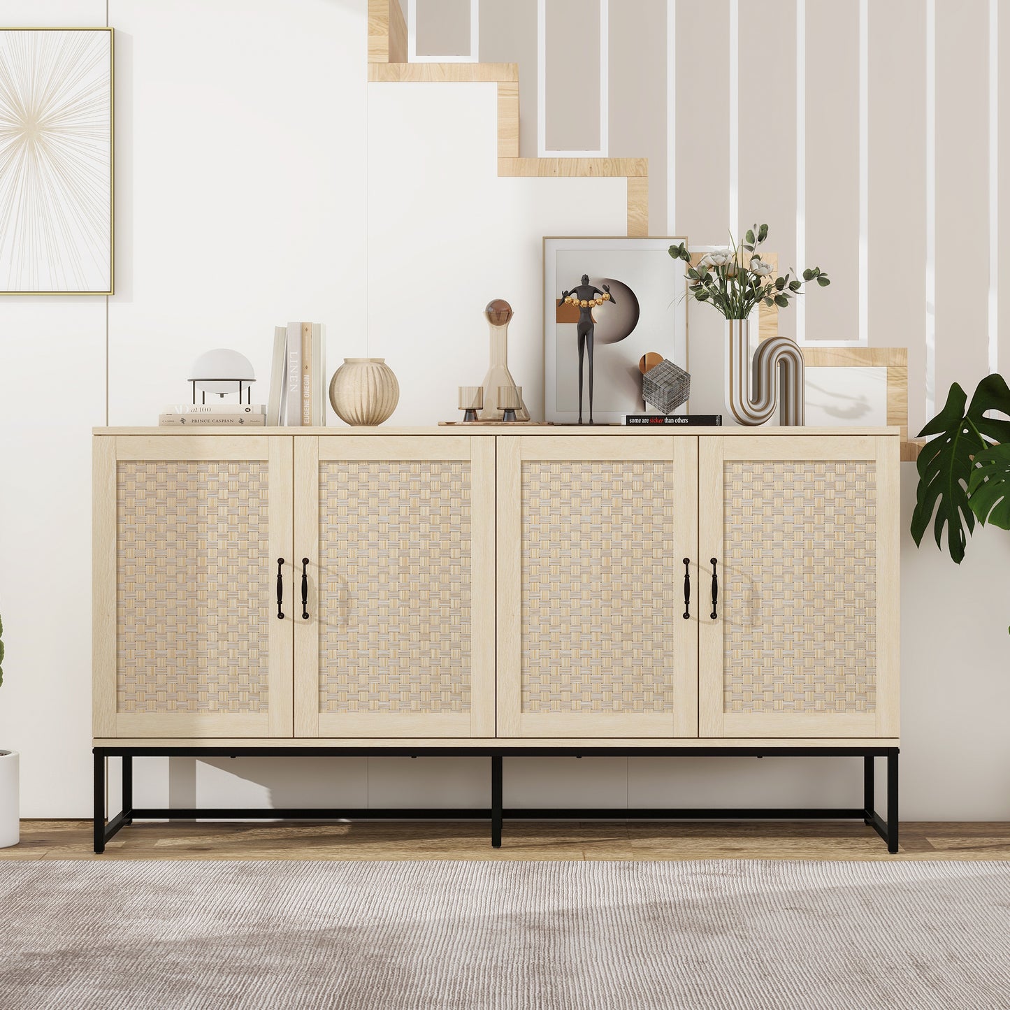 Luxury Rattan 4-Door Storage Cabinet - Large Sideboard Buffet with Elegant Design