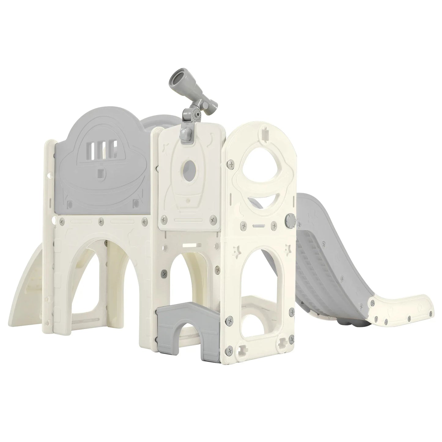 Kids Slide Playset Structure 7 in 1, Freestanding Spaceship Set with Slide, Arch Tunnel Grey+White + HDPE - Shello's Creative Boutique