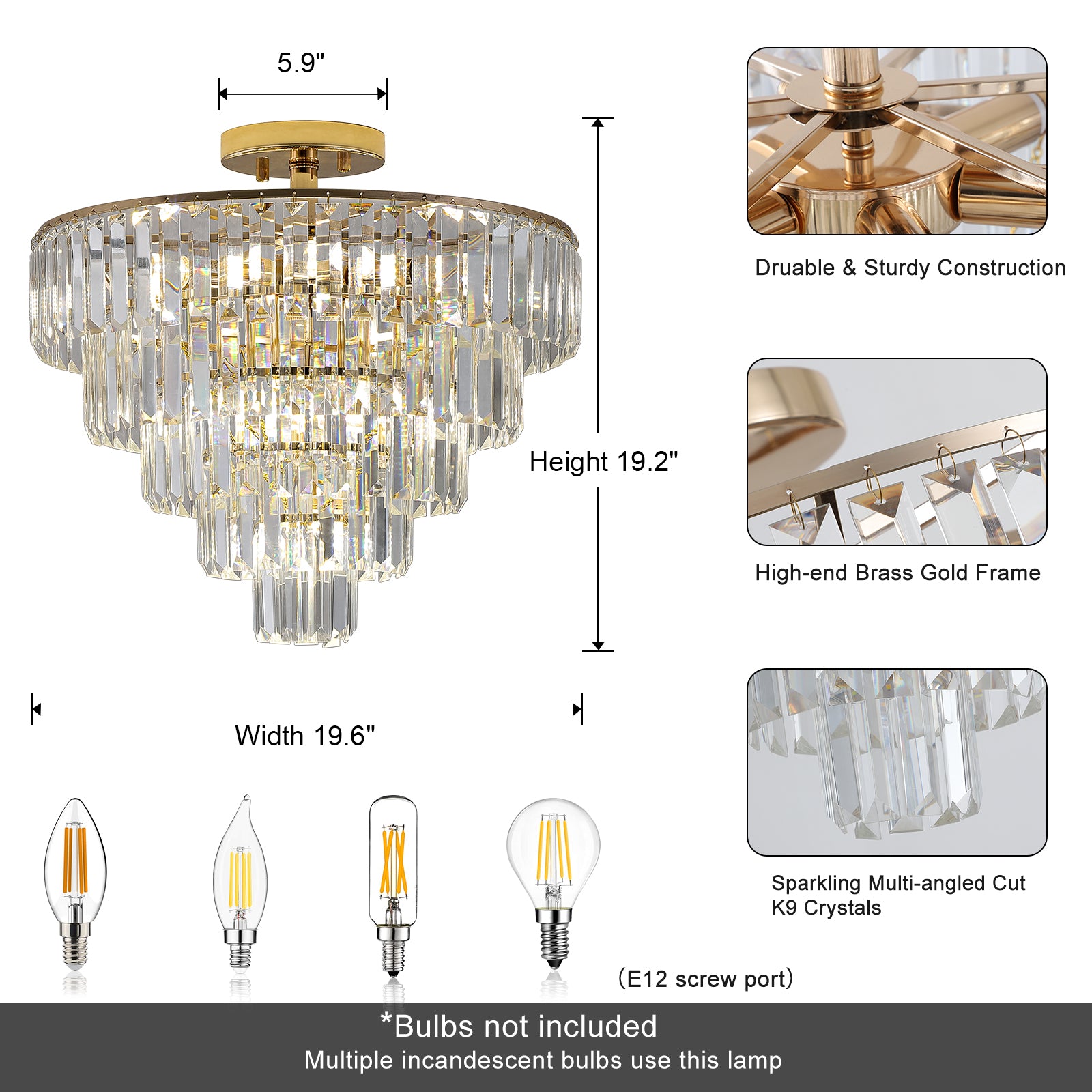 Gold Crystal Chandeliers,5-Tier Round Semi Flush Mount Chandelier Light Fixture,Large Contemporary Luxury Ceiling Lighting eprolo